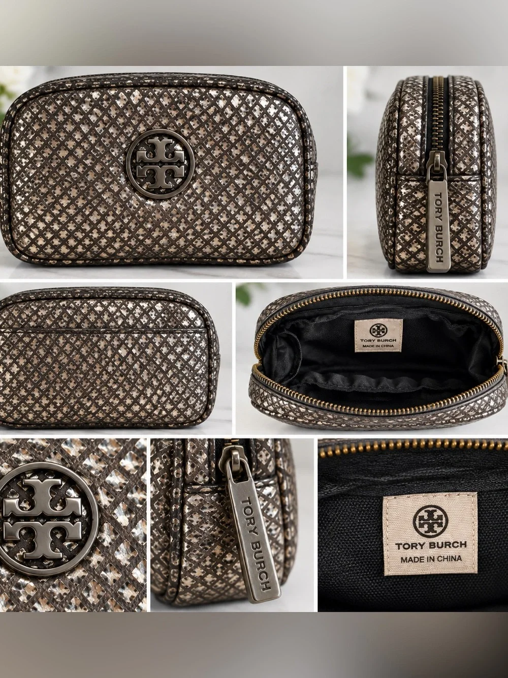 Tory Burch Metallic Snake Print Cosmetic Bag / Makeup Pouch Double T Logo